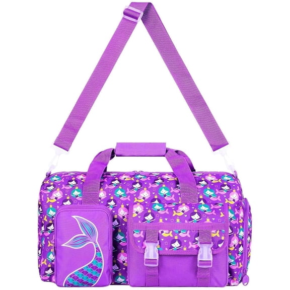 Duffle Bag for Girls with Shoe Compartment, Kids Travel Sports Gym Bag, Weekender Overnight Sleepover Bag for Toddler Little Kids - Purple Mermaid