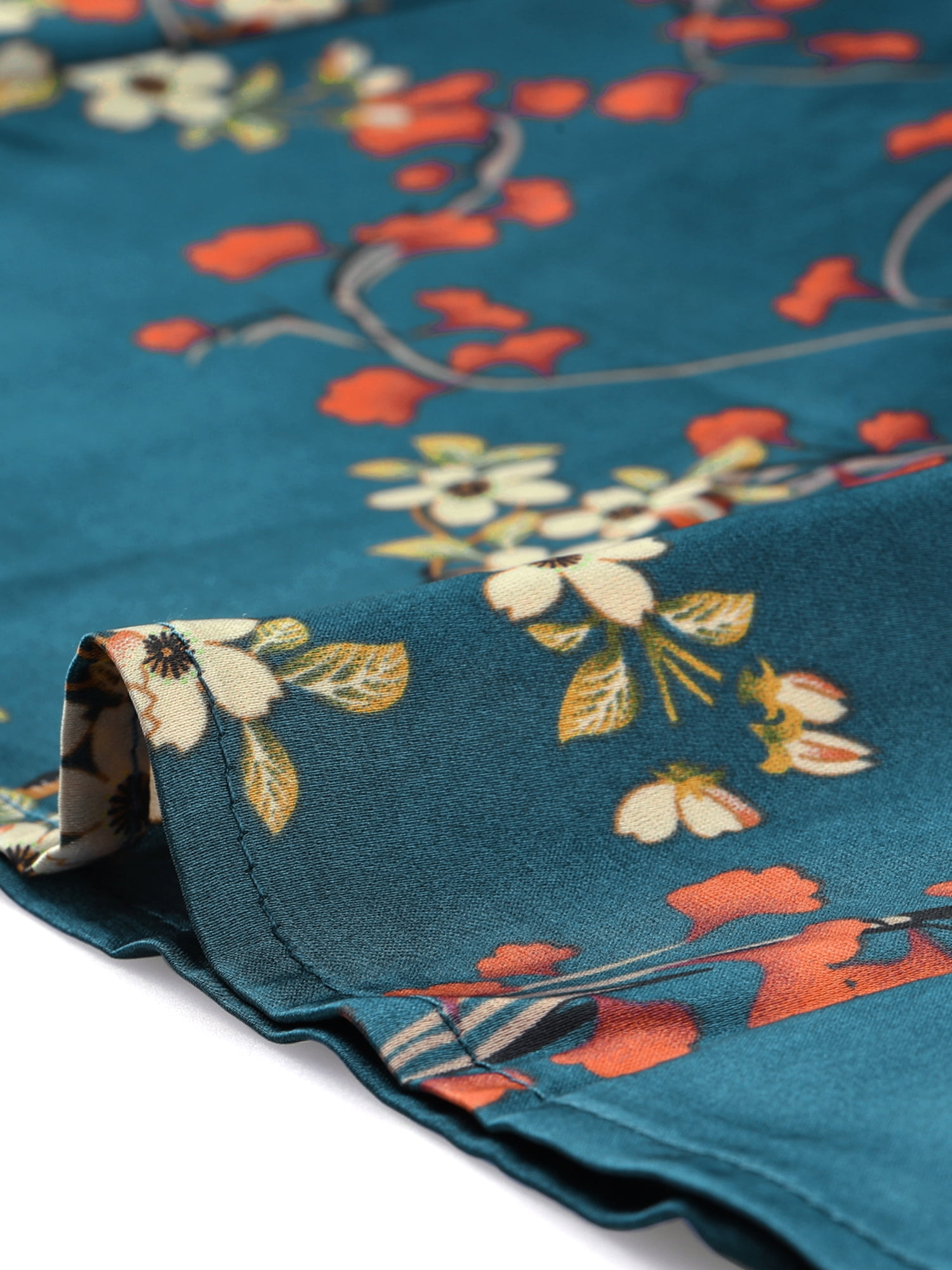 DARING DIVA Floral Print Long Sleeve Tie Waist A-line Dress M Satin Peacock Blue