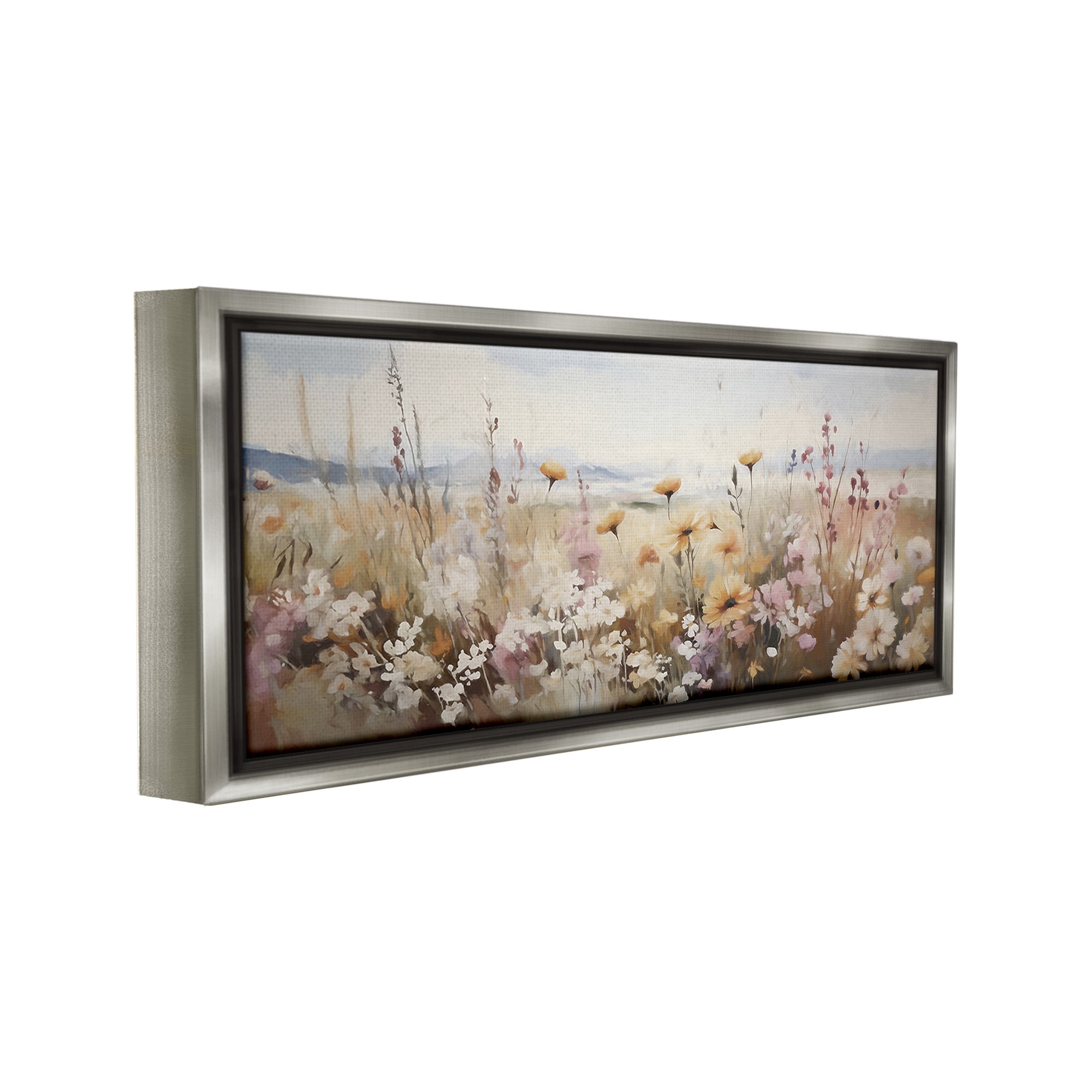 Stupell Industries Mountain Meadow Blooms Botanical & Floral Painting Gray Floater Framed Canvas Art Print Wall Art, 31 x 14
