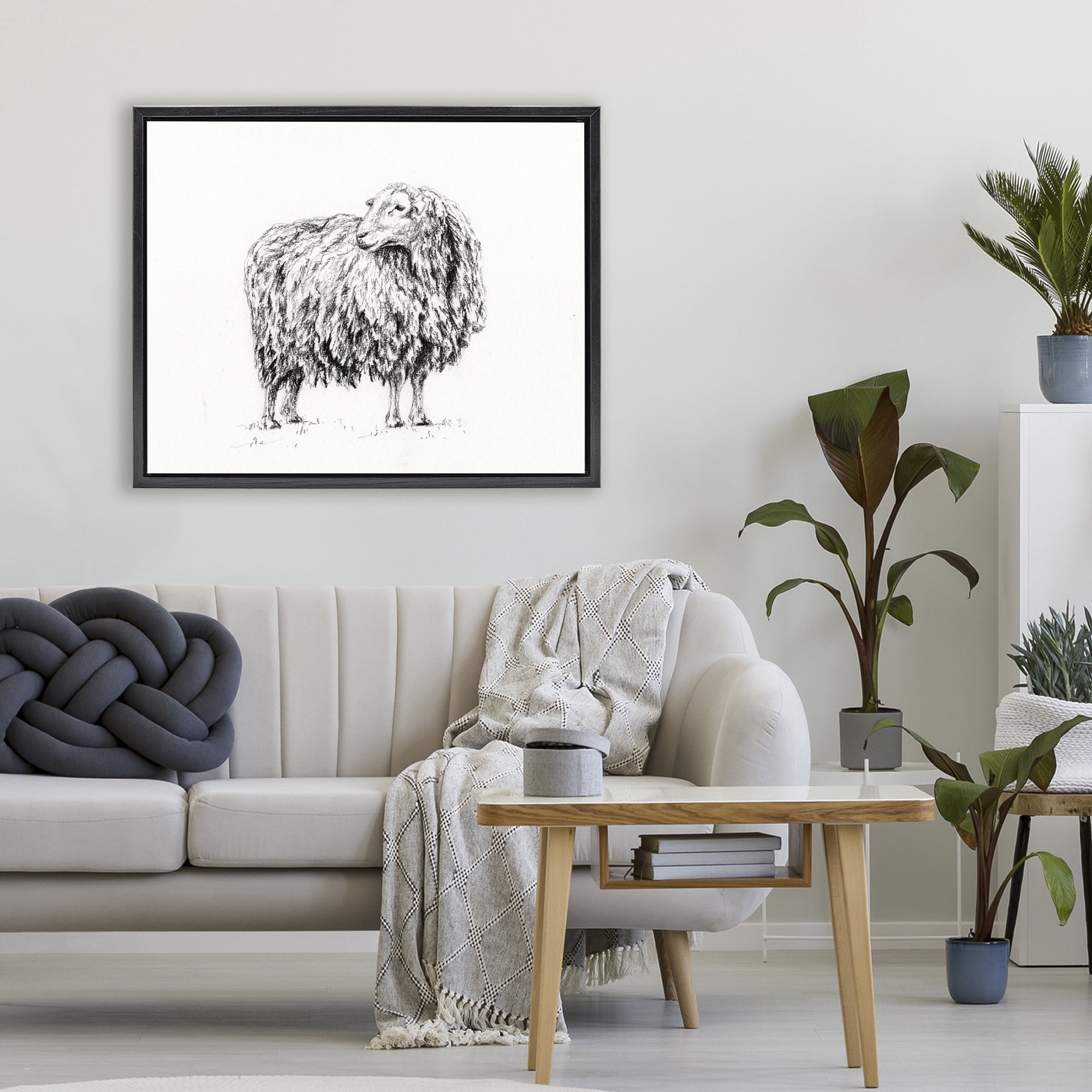 Stupell Industries Sheep in Charcoal Black Framed Floater Canvas Wall Art, design by Leah Noel Art