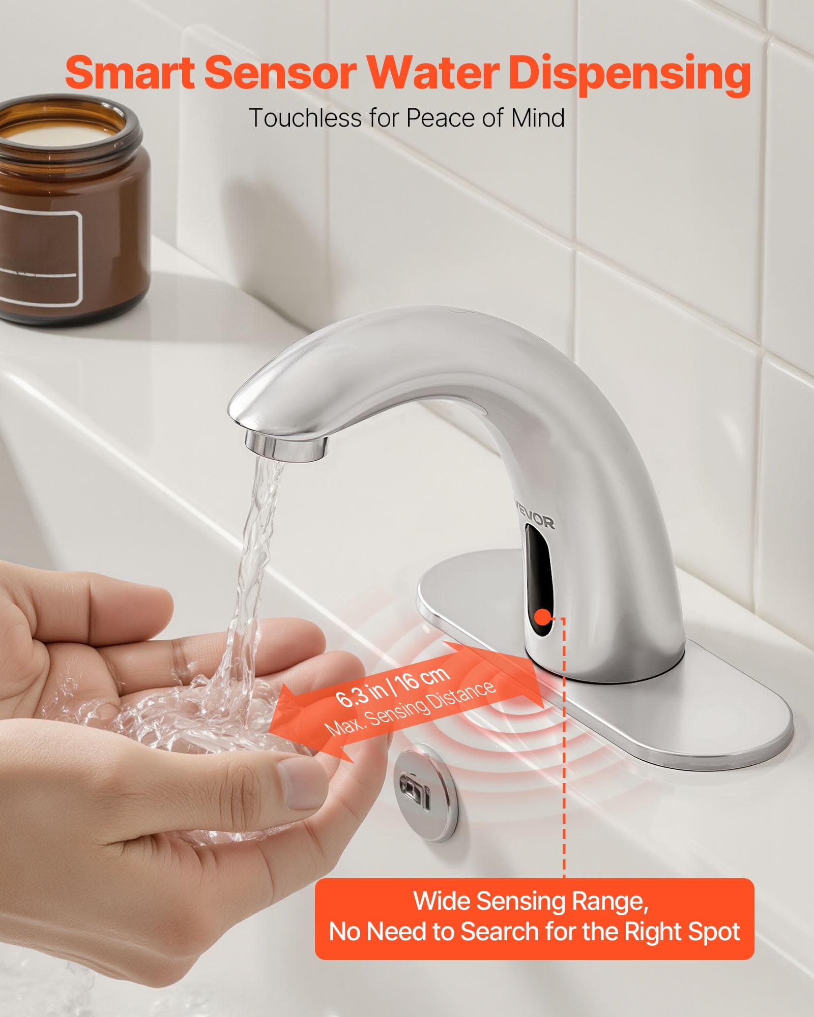 VEVOR Touchless Bathroom Sink Faucet, Automatic Motion Sensor Restroom Toilet Faucet with Hole Cover Plate, Battery Operated,Adjustable Temp for 9/16 in Pipe Commercial Lavatory,Brushed Nickel Silver