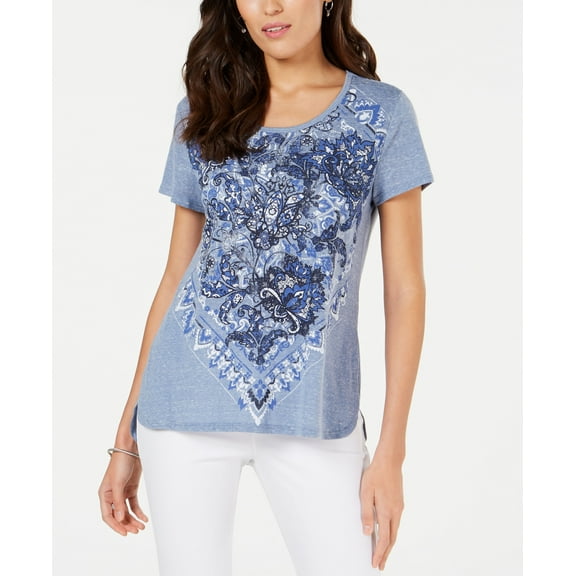 Style & Co Petite Printed Scoop Neck T-Shirt Floral Hues PS