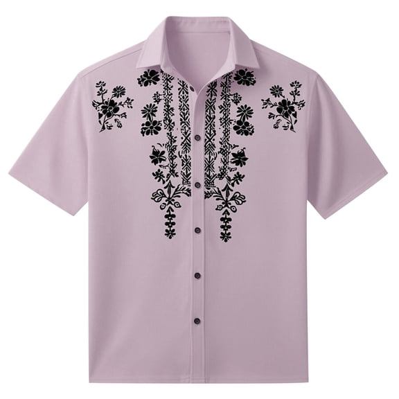 FINALGANG Mens Floral Embroidered Print Short Sleeve Button Down Shirt Casual Loose Fit Hawaiian Collared Shirt For Beach Vacation Daily Streetwear Light Purple XL