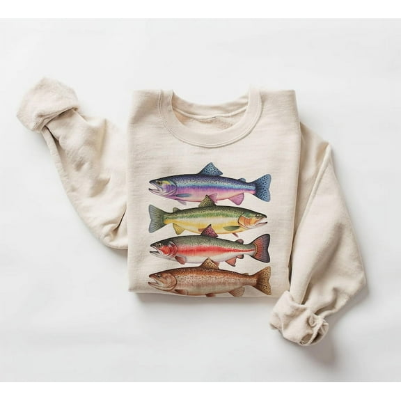 Abstract Colorful Trout In A Row Sweatshirt - River Fish Trout Species Outfit - Fly Fishing Sweatshirt - Sizes S-5XL ,Art Print JSC