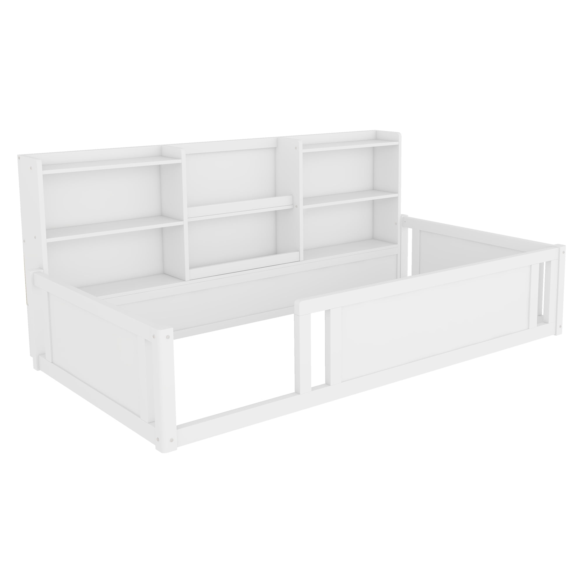 Mintazer Twin Size Montessori Floor Bed with Bookcase Headboard & Guardrails, Kids Platform Bed Frame with 6 Cubby Storage Shelves for Bedroom, White