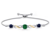 925 Silver and 10K Yellow Gold Green Nano Emerald and Blue Sapphire and White Lab Grown Diamond Bracelet for Women | 2.49 Cttw | Gemstone May Birthstone | Cushion 6MM | Fully Adjustable 9 inch
