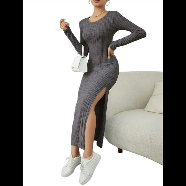 Vestidos Largos de Otoño para Mujer, de Larga, Informales, de Punto Acanalado, Ajustados, Elegantes, con Cuello Redondo y Abertura Lateral Gris Oscuro M