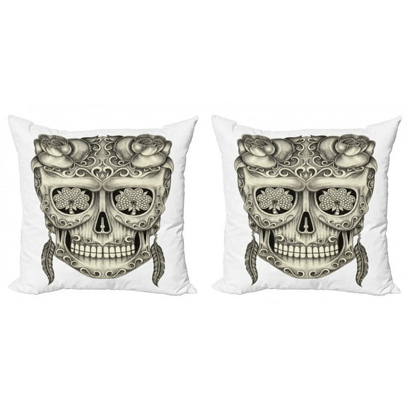 Ambesonne Grey Throw Pillow Cover 2 Pack, Floral Sugar Skull, 24", Grey Ivory