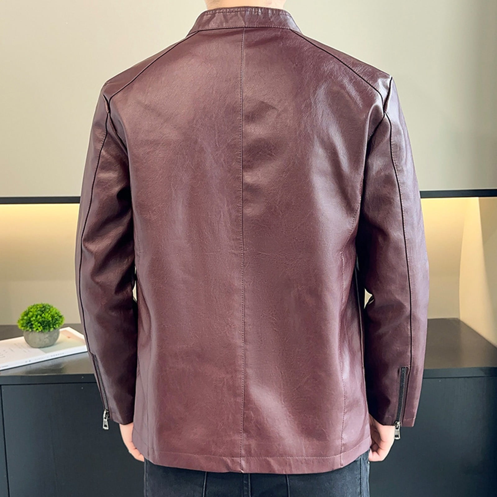 Maoxin Men Leather Jacket Men's Stand Up Collar Business Casual Leather Jacket Zipper Cardigan Jacket Leather Jackets for Men Wine 3XL
