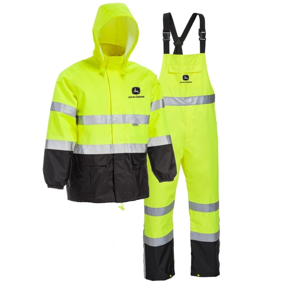 John Deere Unisex High Visability ANSI Class III Rain Suit Jacket and Bib with Color Block, High Visability, Water Resistant, and Reflective 3M Tape,