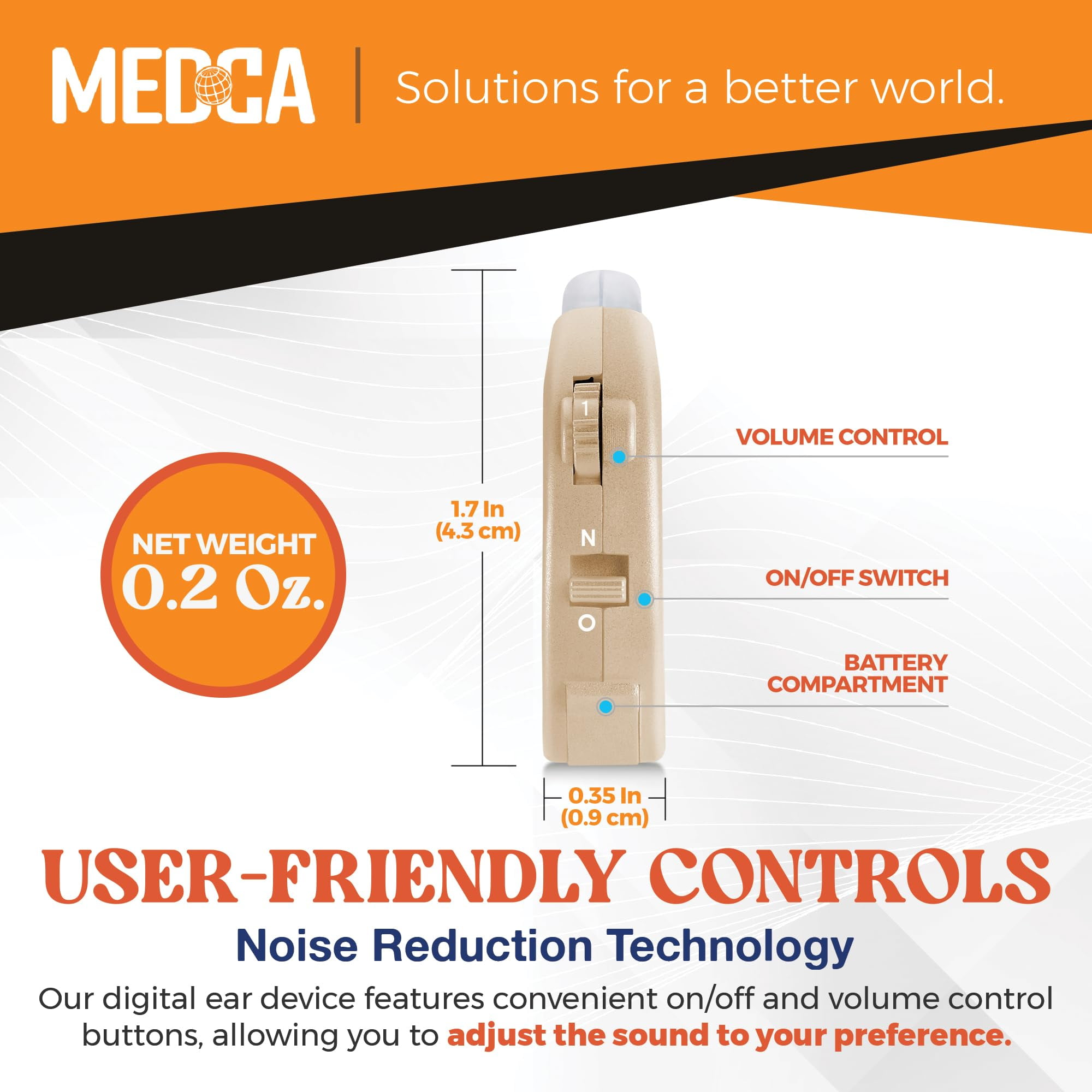 MEDca Behind The Ear Personal Sound Amplifier – Digital Sound Enhancer with Noise Reduction, Gold