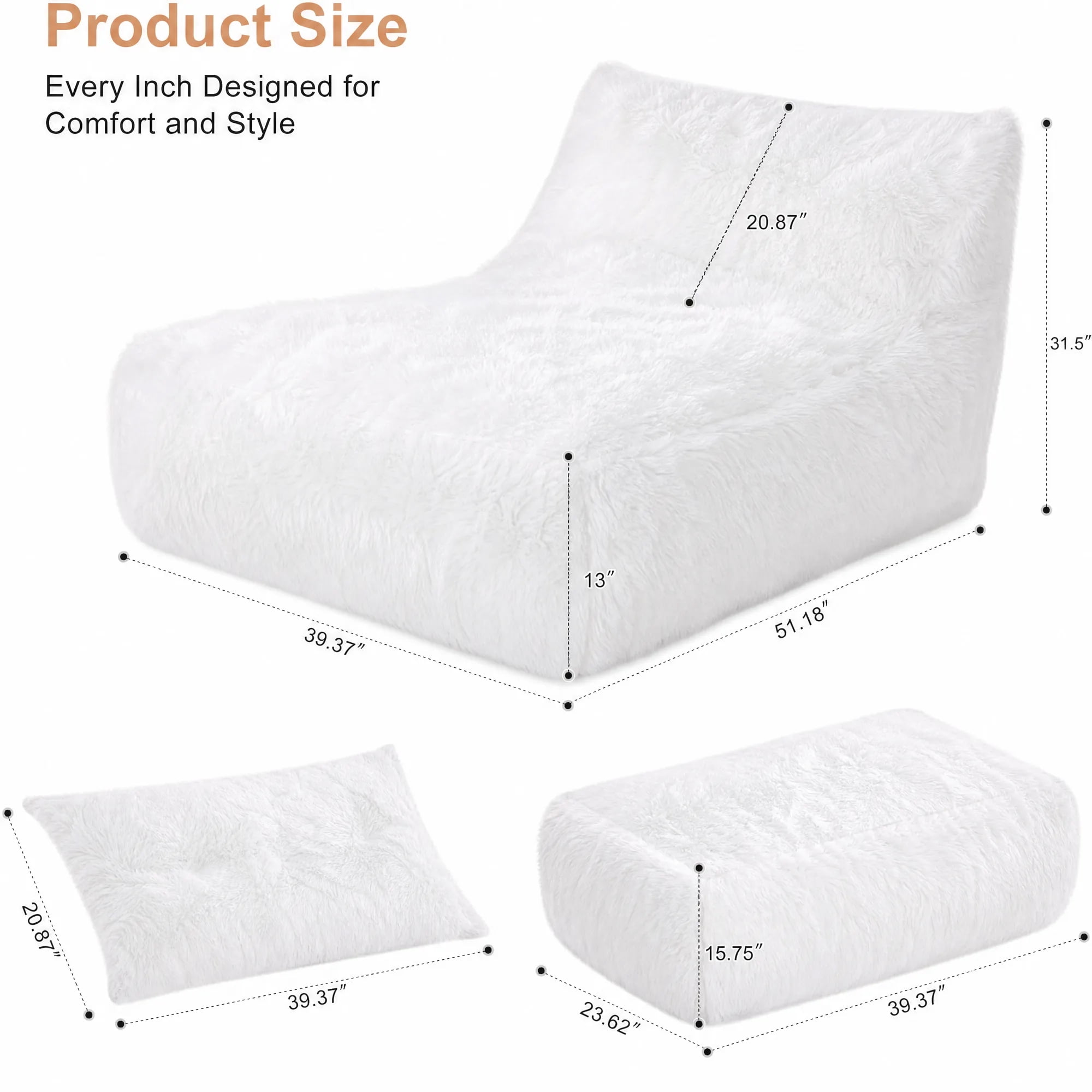 Alvantor Convertible Plush Sofa Bed with Ottoman and Pillow, Oversized Shaggy Faux Fur Floor Sofa, Foam Filled Armless Sleeper for Living Room, Bedroom, Dorm