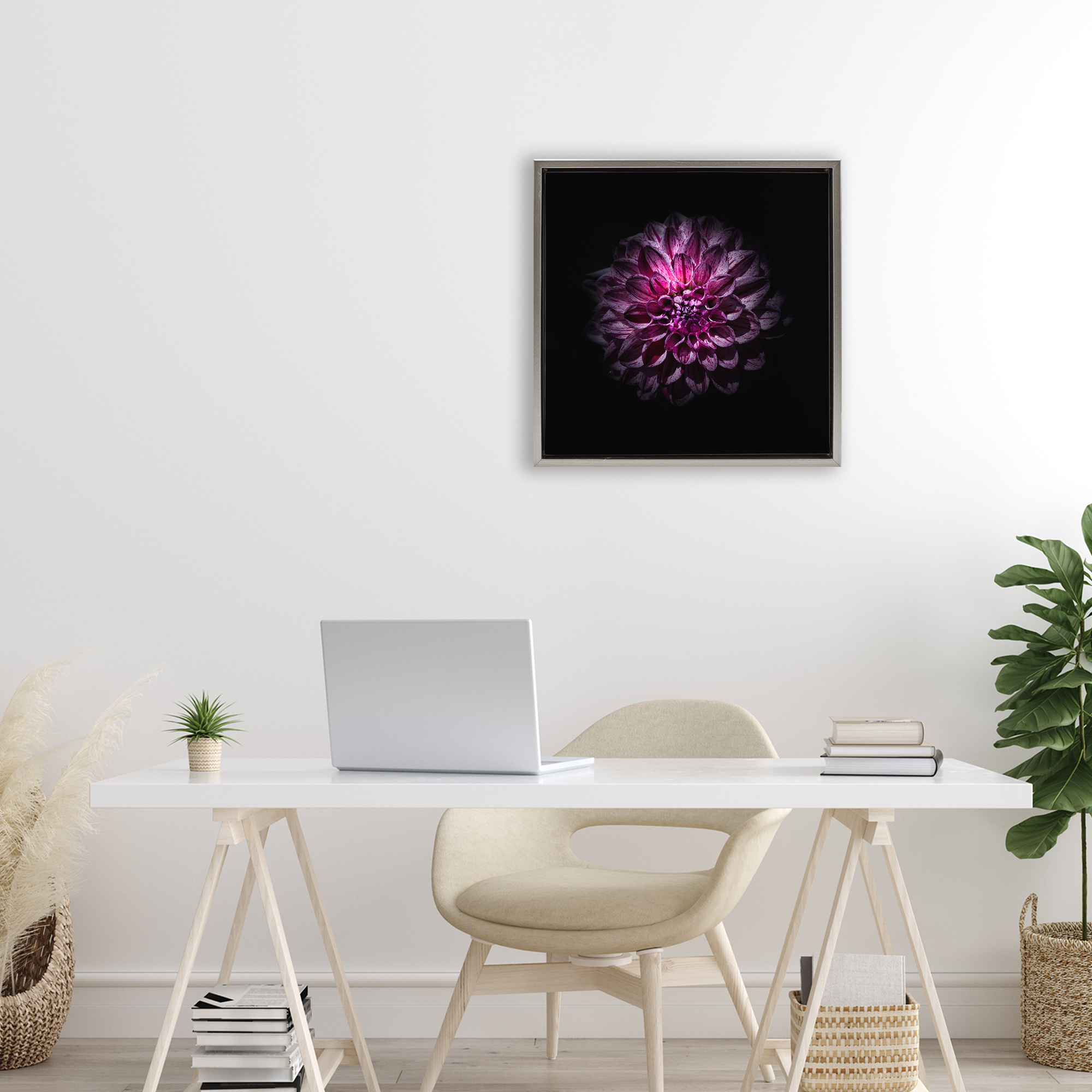 Purple Dahlia Dark Contemporary Gray Framed Floater Canvas Wall Art, design by Brian Carson Photography