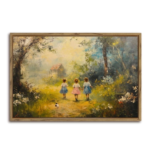 Girls Meadow Oil Painting Horizontal Canvas Wall Art with Lightweight Foam Frame - Durable and Ready to Hang, Modern Decorative Print for Living Room, Bedroom, Or Office
