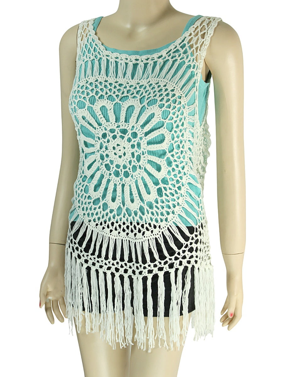 A&O - Crochet Fringe Tank Top Floral Pattern White ...
