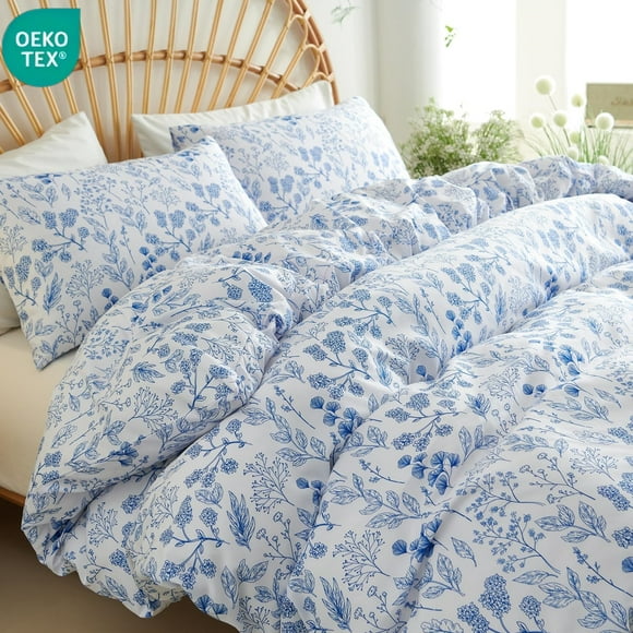 JOLUSERE Duvet Cover Queen Size,3 Pieces Botanical Floral Leaf Soft Comforter Cover Set for Adults,Blue White