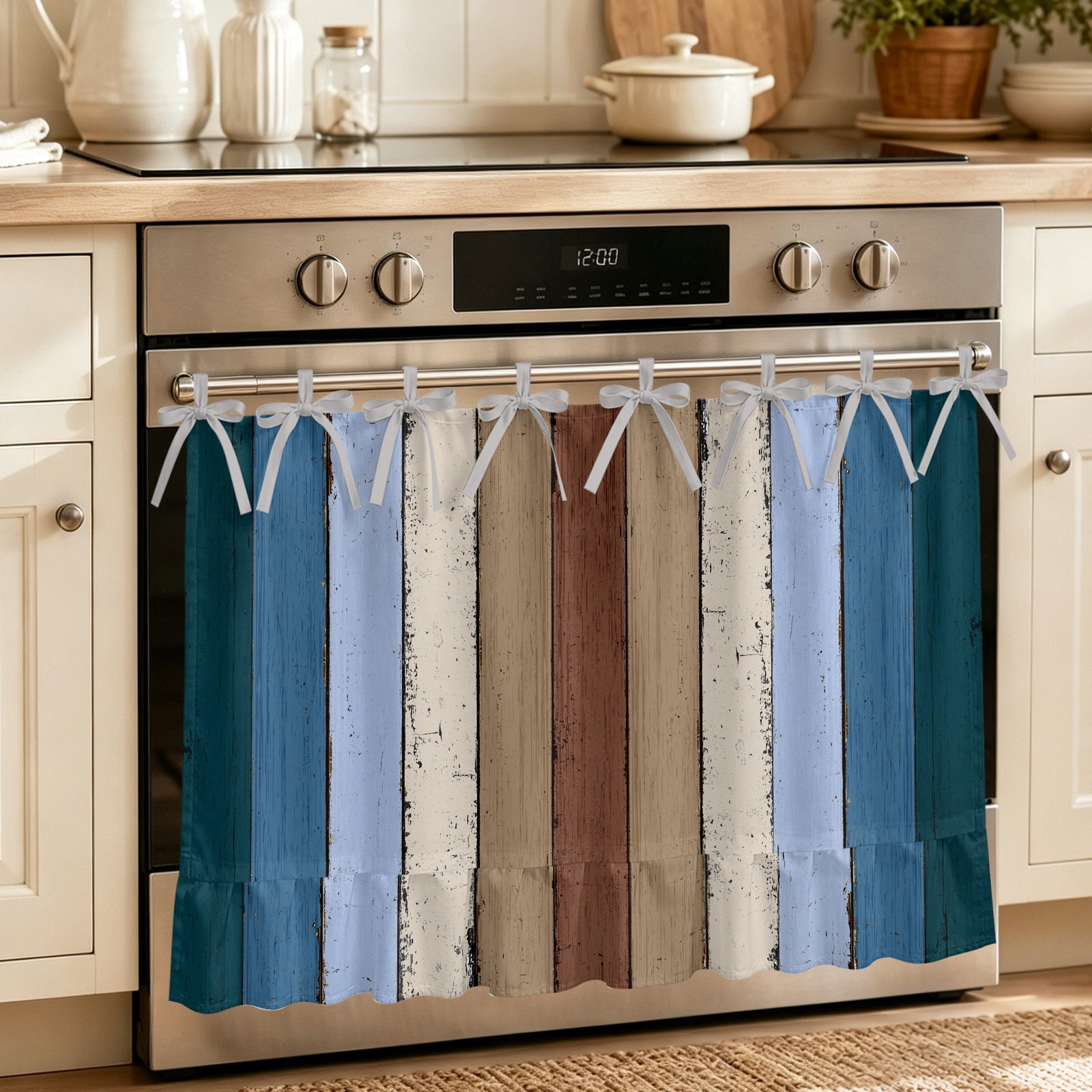 Oven Curtain for Kitchen Farm Dark Blue Wood Board Stove Curtain With Ruffled Trim Dishwasher Curtains Vintage Wooden Grain Oven Skirt 27 x20