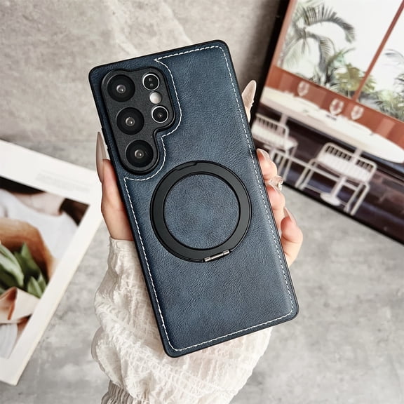 TECH CIRCLE PU Leather Magnetic Phone Case for Galaxy S25 Ultra with Rotating Finger Ring Kickstand, Compatible with MagSafe, Anti-Scratch, Shock-Absorbent, Protective Slim Cover, Darkblue