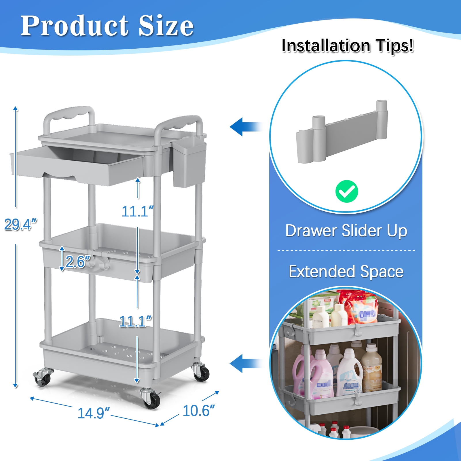 3 Tier Rolling Utility Cart with Removable Drawer, Bathroom Storage Organizer with 2 Lockable Wheels, Mobile Shelving Unit for Kitchen, Office, Snack, Craft, Makeup, Baby Essentials, Gray