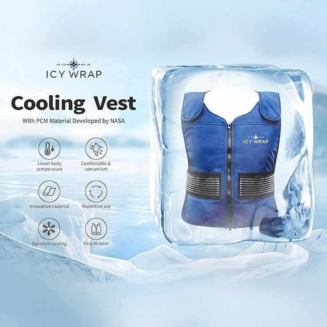 Phase Change Cooling Vest by Icy Wrap for Men & Women, Hot Weather, Ice Reflective Vest with 30 PCS Ice Packs, High Tech Phase Change PCM material, stays cold for 5-10 hrs.