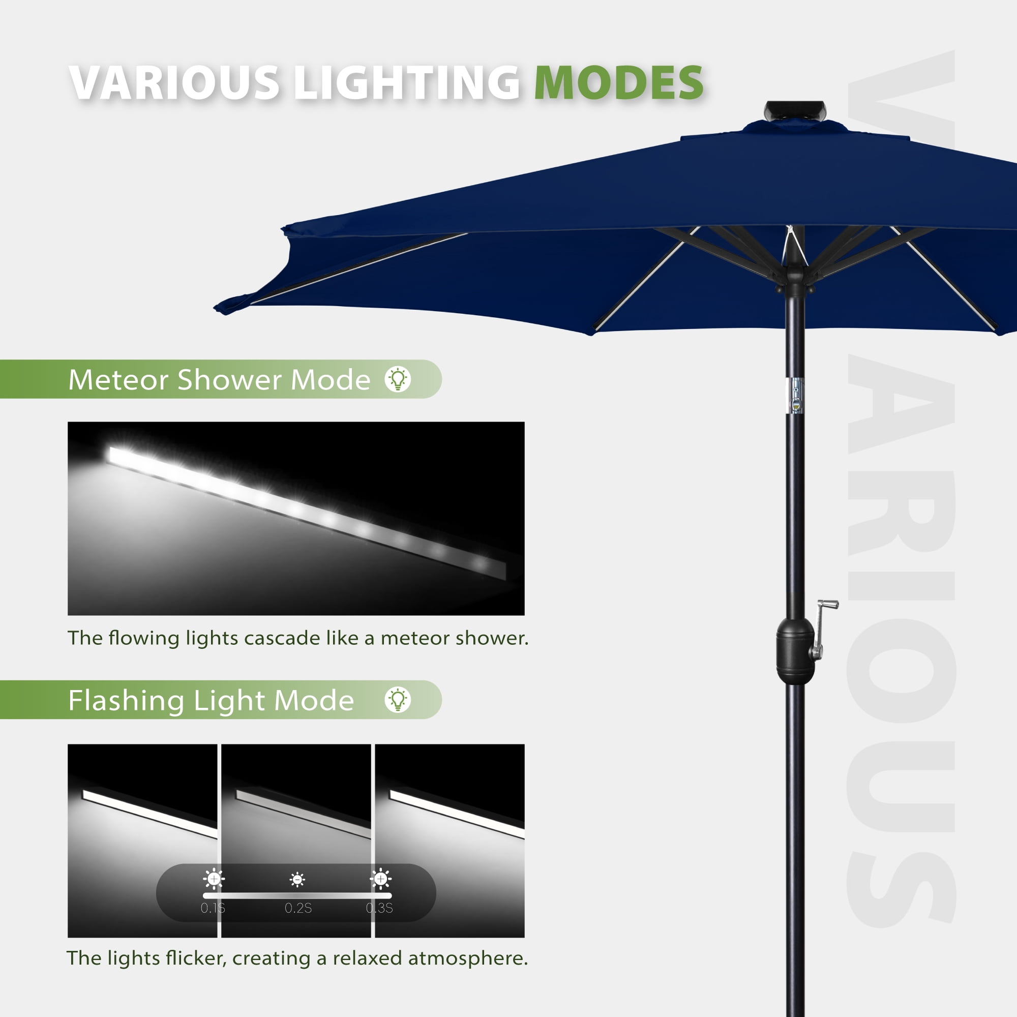 Scafild | 7.5FT Meteor Shower Lights Patio Umbrella, Outdoor Table Umbrella with 108 LED Solar Lights, Push Button Tilt and Crank, Market Umbrella for Garden, Deck, Backyard, Pool - Navy