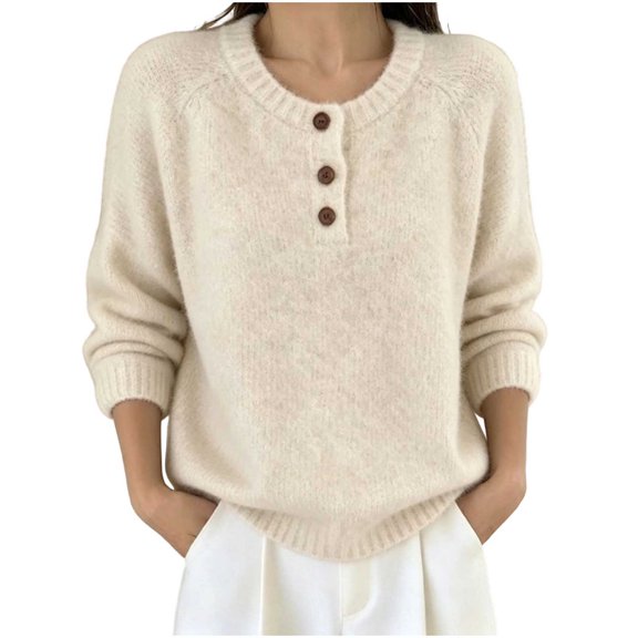 Women Sweater, Women Sweater Long Sleeve Loose Knit Pullover Neckline Detail Soft Casual Daily Wear Beige XXL