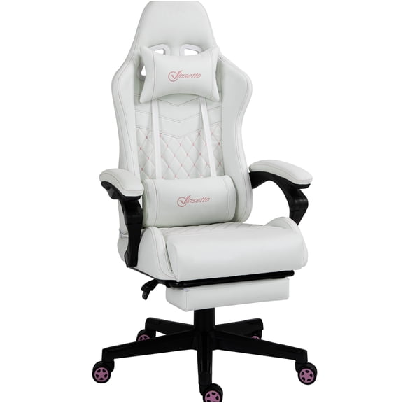 JERFIT White and Pink Gaming Chair, High-Back PU Leather with Retractable Footrest