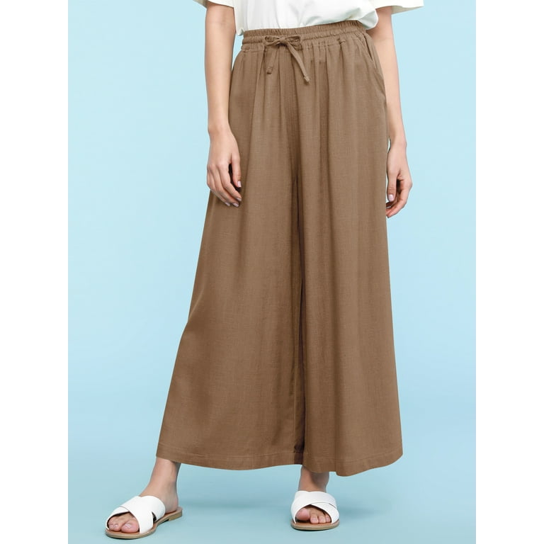 Made by Johnny Women's Casual Loose Washed Linen Wide Leg Pants with  Pockets and Drawstring L KHAKI 