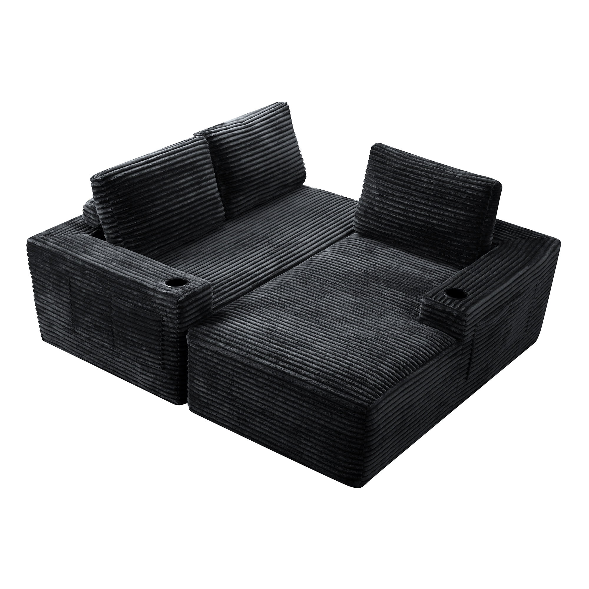 L-Shape Cloud Couch Cup Holders, Modular 104" Cloud Sectional Sofa Corduroy Boneless Sofa Couch with Chaise for Living Room, Black