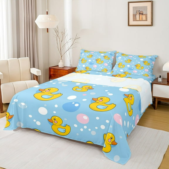 jejeloiu Lovely Duck Twin Sheet Sets,Cute Balloon Twin Fitted Sheet,Yellow Blue Flat Sheet For Kids Teens,Super Cozy Room Decor,3-Piece