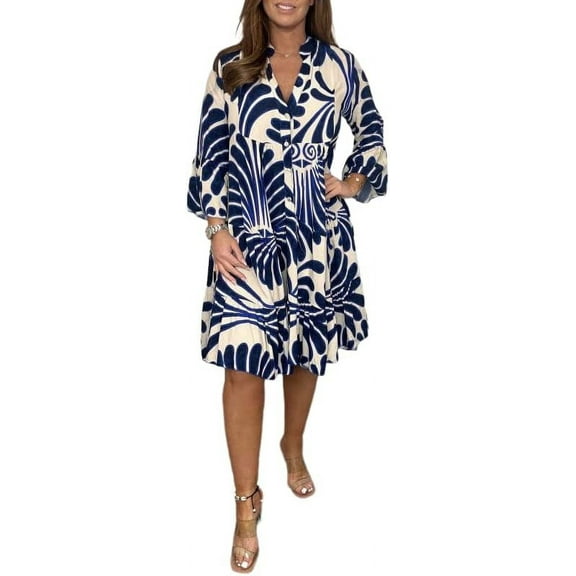 Women's Floral Print V Neck Ruffle Hem Lantern Long Sleeve Loose Fit Short Dress