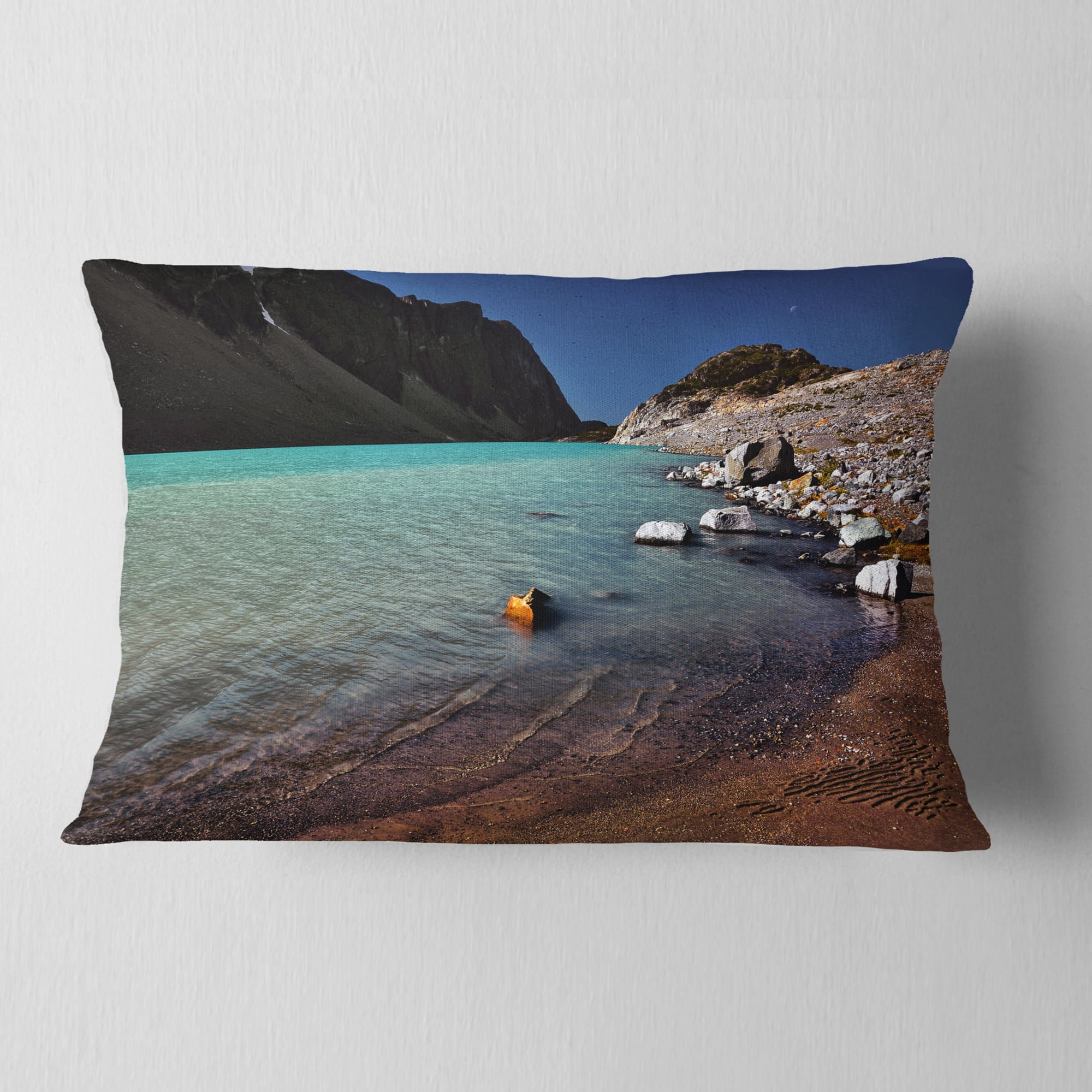 Designart Bright Blue Waters of Mountain Lake - Landscape Printed Throw Pillow - 12x20