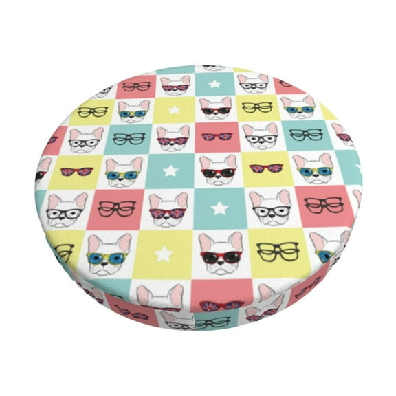 Kdxio Cute French Bulldog Print Stool Covers Round,Stretch Round Bar Stool Covers Washable Bar Stool Cushion Slipcover for 12-15 Inch Chair