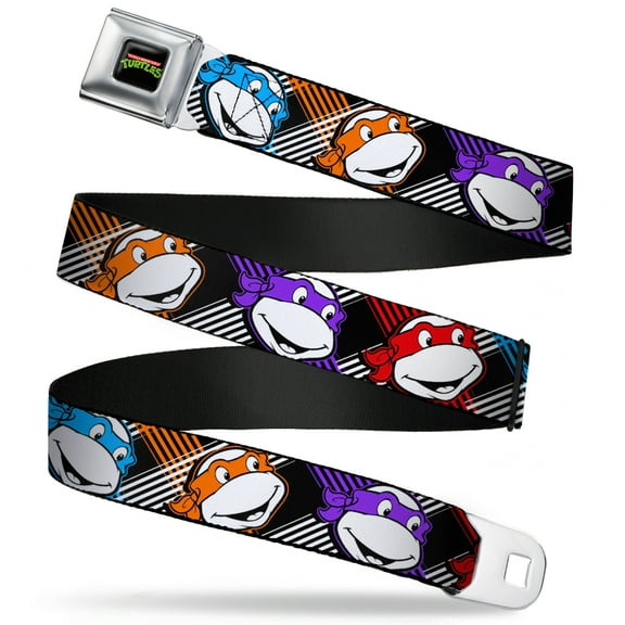 Nickelodeon Belt, Seatbelt Buckle Belt, Ninja Turtles Masked Faces Stripes Black White Multi Color, 30 to 44 Inches