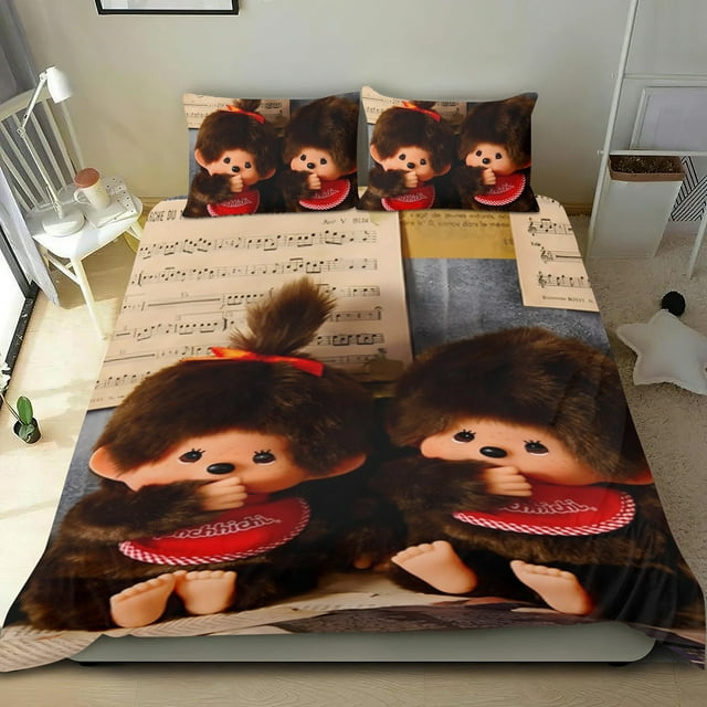 Monchhichi Conjunto de sábanas temático, trío de piezas, cómodo y amigable con la piel, diseño único, regalo de decoración para el hogar para familiares, amigos y fans,135X200cm