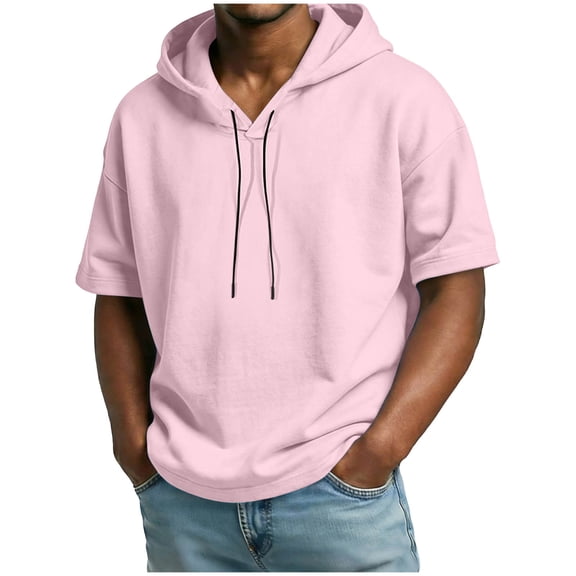 FRSASU Summer Hooded T-Shirts for Men Solid Short Sleeve Loose Streetwear Vintage Casual Sports T-shirt Hooded Neck Tops Pink