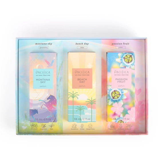 Caja de regalo Pacifica Iconic Scents: Montana Sky, Beach Day y Passionfruit: colección de fragancias inspiradas en la naturaleza, veganas y sin crueldad animal.