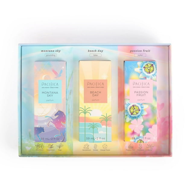 Caja de regalo Pacifica Iconic Scents: Montana Sky, Beach Day y Passionfruit: colección de fragancias inspiradas en la naturaleza, veganas y sin crueldad animal.