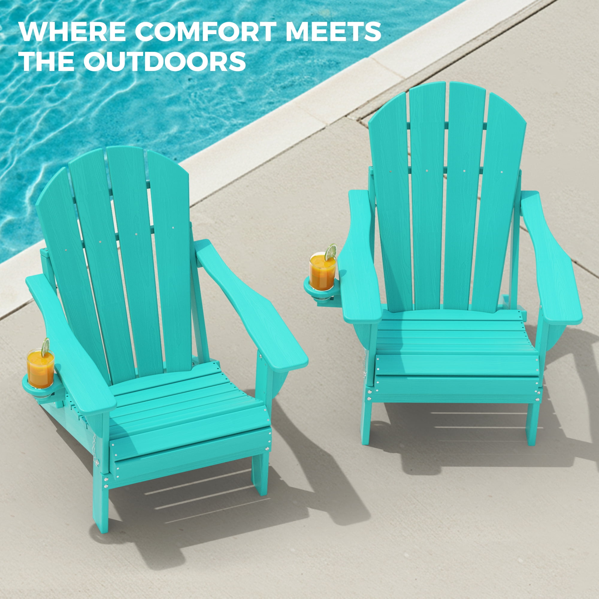 Folding Adirondack Chair Set of 2, Oversized HDPE Plastic Patio Chairs, Aqua