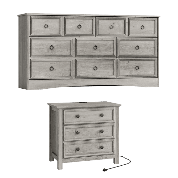 LGHM 2 Piece Modern Farmhouse Bedroom Furniture Set, Large 10 Drawer Dresser and Nightstand with 3 Drawers & Charging Station, Gray Wash