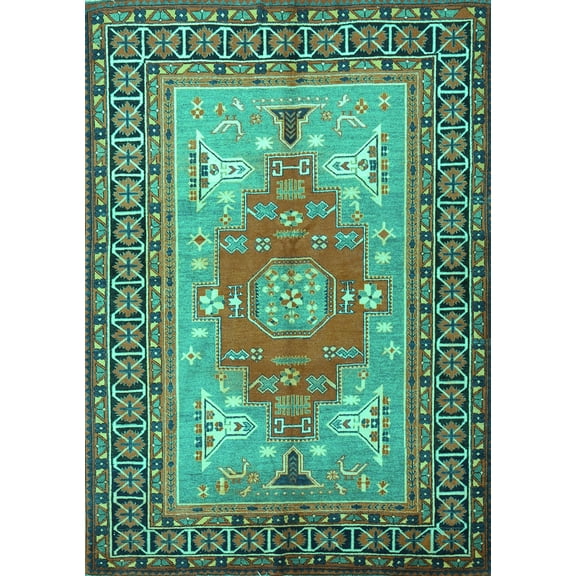 Ahgly Company Machine Washable Indoor Rectangle Persian Turquoise Blue Traditional Area Rugs, 5' x 7'