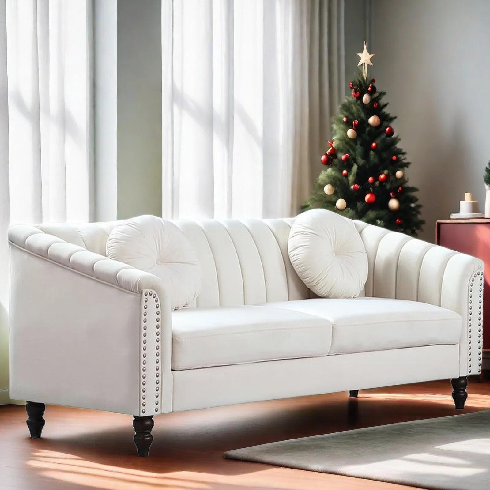 Gewnee Chesterfield Velvet Sofa Couch with Nailhead Trim and 2 Pillows for Living Room,Beige