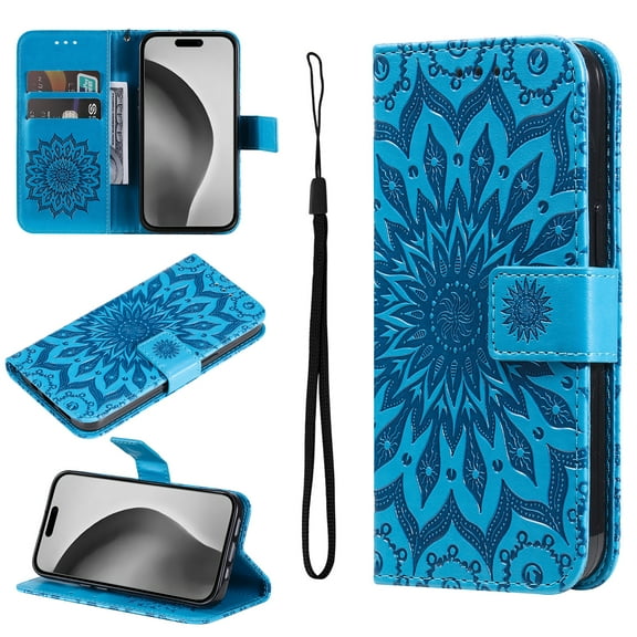 Wallet Case Designed for iPhone 7 / 8 / SE 2022 & 2020, Slim Sunflower Embossed Magnetic Closure Card Holder Slots PU Leather Flip Stand function Cover with Wrist Strap,Blue
