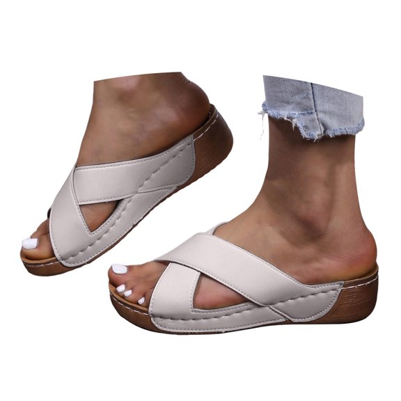 IUJSOY Womens Sandals Orthopedic Wedge Sandals Comfortable Slip on Crisscross Strap Platform Slides