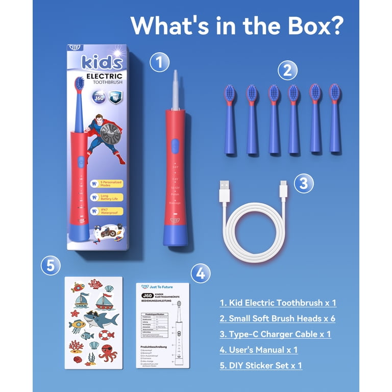 JTF Kids Sonic Electric Toothbrush With 6 Brush Heads, Red photo 6