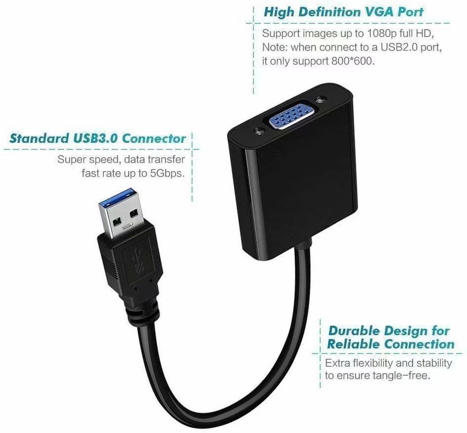USB to VGA Adapter Black USB 3.0//2.0 to VGA Cable Adapter 1080P Multi-Display Video Converter for PC Desktop Laptop Monitor Projector HDTV Chromebook Compatible with Windows 7//8//8.1//10