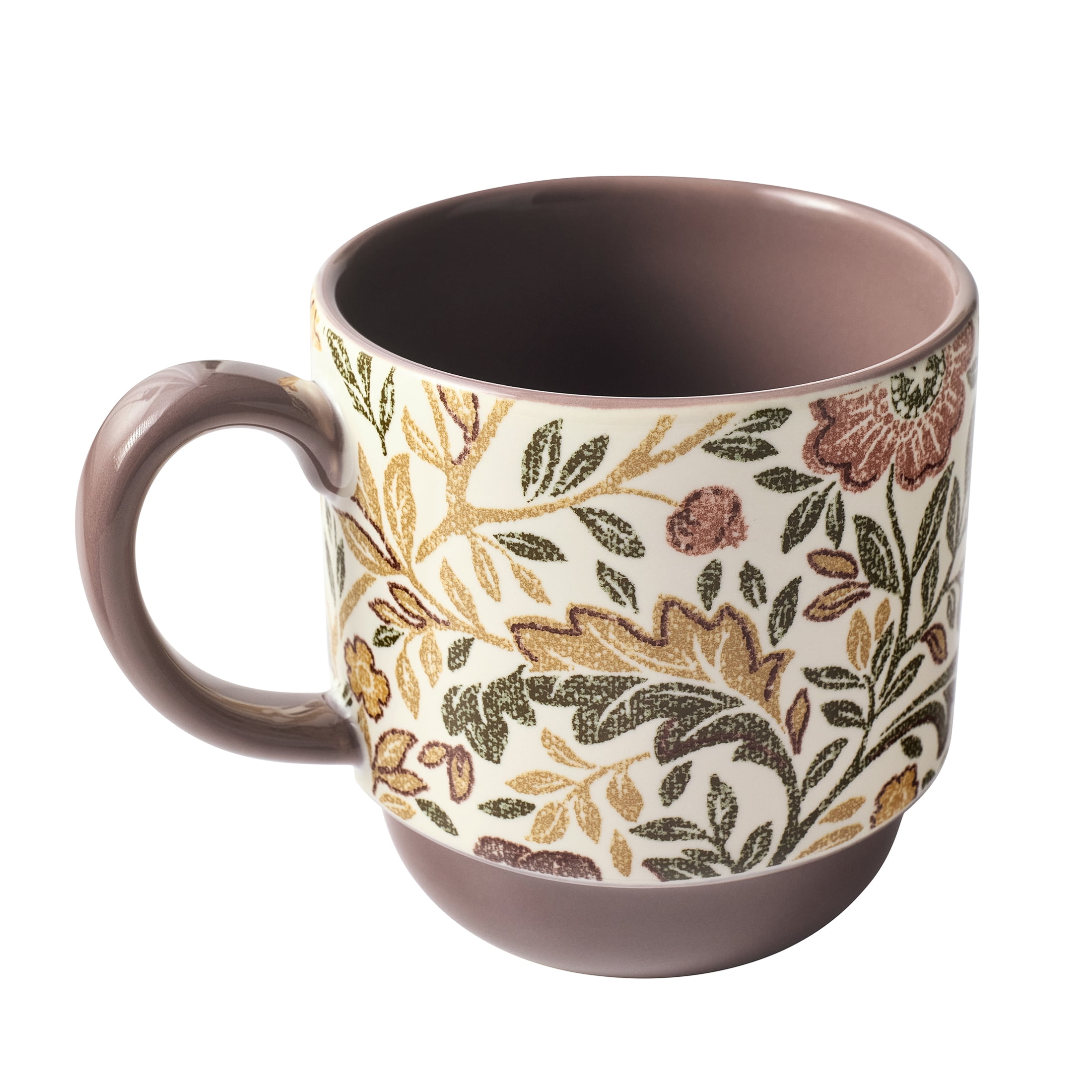 Better Homes & Gardens Edith Vine Floral Stoneware Stacking Mugs with Metal Storage Rack, 5-Piece Set, 14 oz