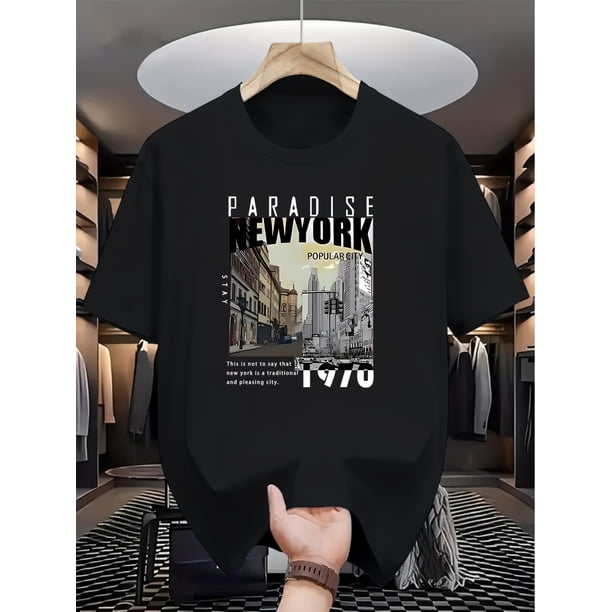 Men'S Fashion Casual PARADISE NEW YORK Print Straight Shoulder Short Sleeve T-Shirt, Comfortable and Versatile