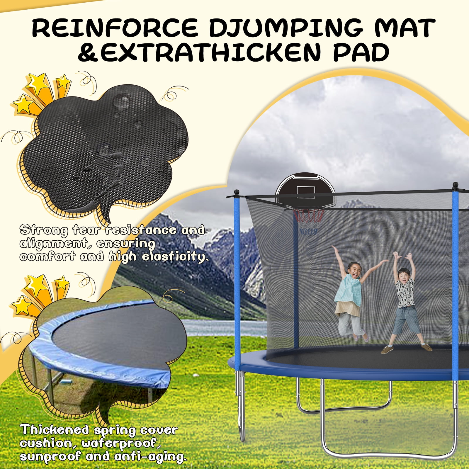 14FT Outdoor Trampoline with Basketball Hoop and Ladder for Kids and Adults，Heavy Duty Recreational Trampoline with Safety Enclosure,Anti-Rust Frame,Backyard Trampoline for Gift