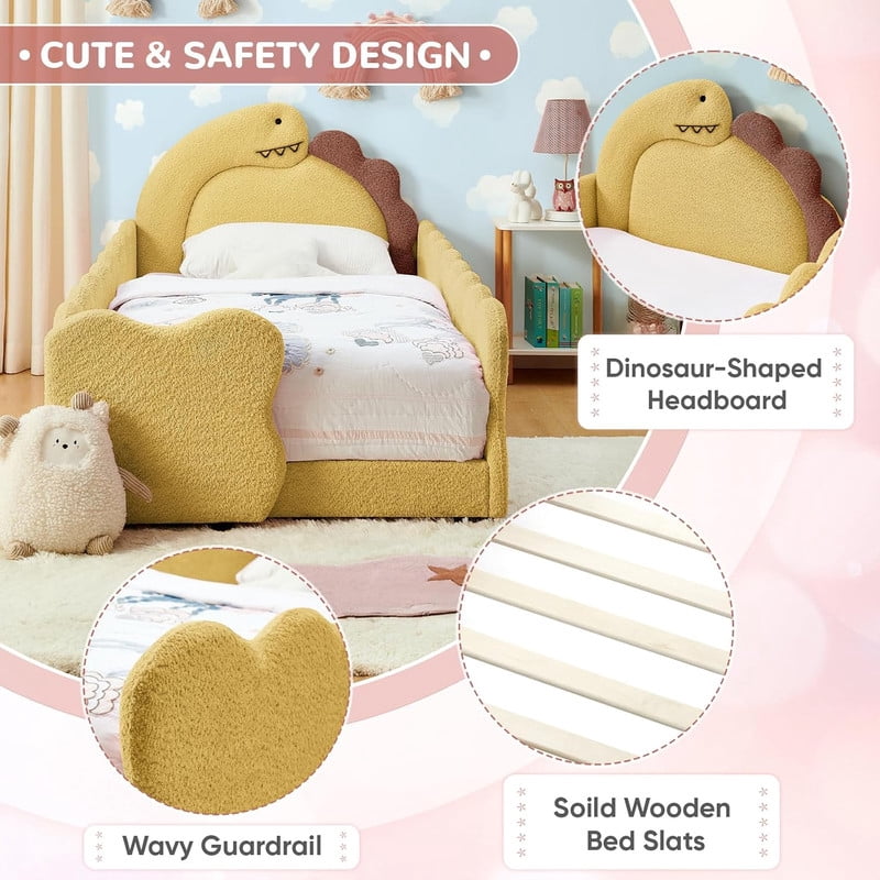 Twin Size Upholstered Platform Bed with Dinosaur Shaped Headboard, Boucle Fabric Kids Bed with Slats Support, Space-Saving Daybed for Girl, Boy, Teenager